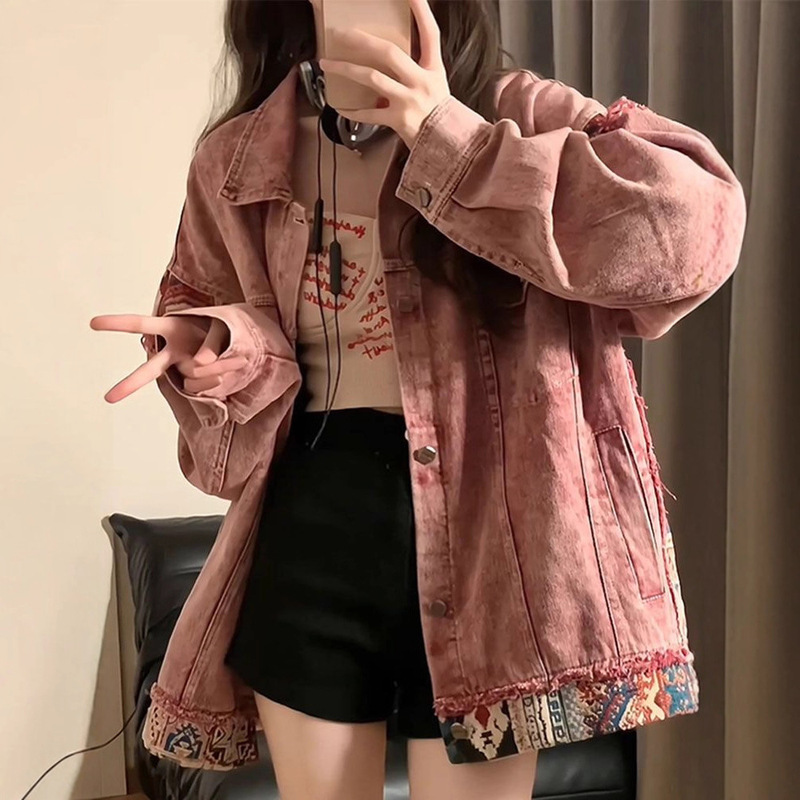美式复古拼接牛仔外套女春秋宽松设计感小众休闲百搭粉色工装上衣|undefined