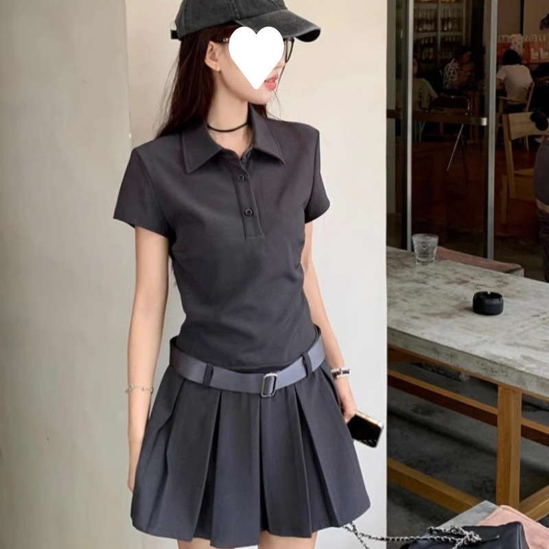 法式美式灰色polo领短袖T恤连衣裙夏季女小个子修身显瘦A字百褶裙|undefined