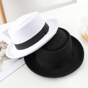 New British Style Black Ribbon Dome European and American Curved Beave Small Top Hat Bump Flat Top Foreign Trade Felt Hat Jazz Hat