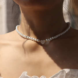 法式复古仿珍珠颈链时尚设计感锁骨链小清新简约素圈爱心贝壳项链