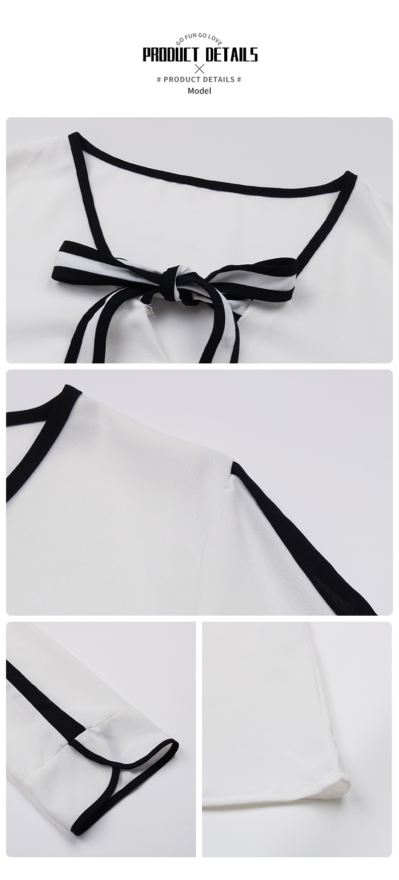top da donna autunnali camicia con fiocco con lacci camicetta in bianco e nero a contrasto di colore_voghion.com