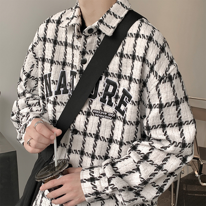 Small fragrant wind coat male spring and autumn tide brand ins loose ruffian handsome plaid jacket port style casual lapel clothes