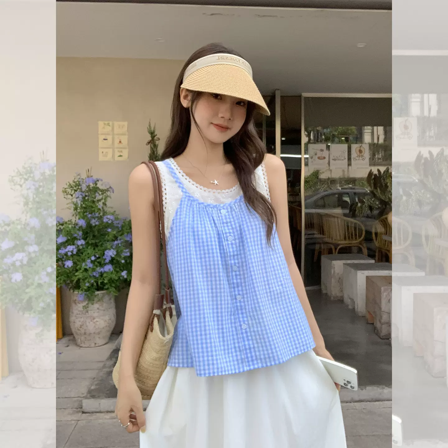 韩系蓝色假两件拼接格子设计感吊带背心女夏季新款宽松显瘦小上衣