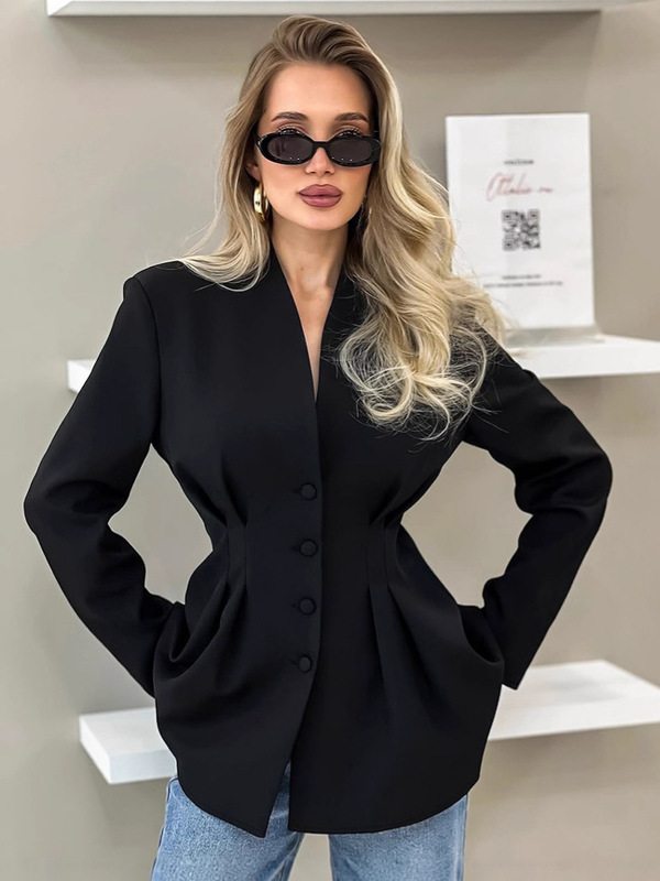 European and American Style, Elegant, Slim-Fitting, Waist-Cinching, V-Neck Design, 2026 Autumn New Cross-Border Commuter Blazer for Women