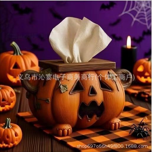 跨境万圣节树脂工艺品Halloween Pumpkin Tissue Box南瓜纸巾盒|undefined