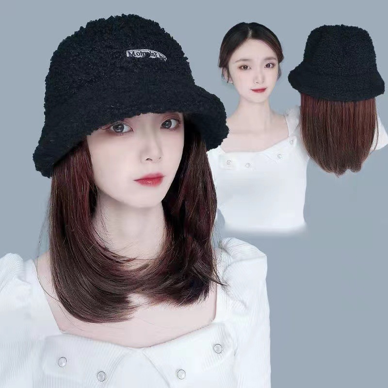 Peluca sombrero de lana de cordero de una pieza sombrero de pescador pelo de longitud media hebilla interior peluca Otoño e Invierno moda cabeza completa cubierta cuenca sombrero todo partido