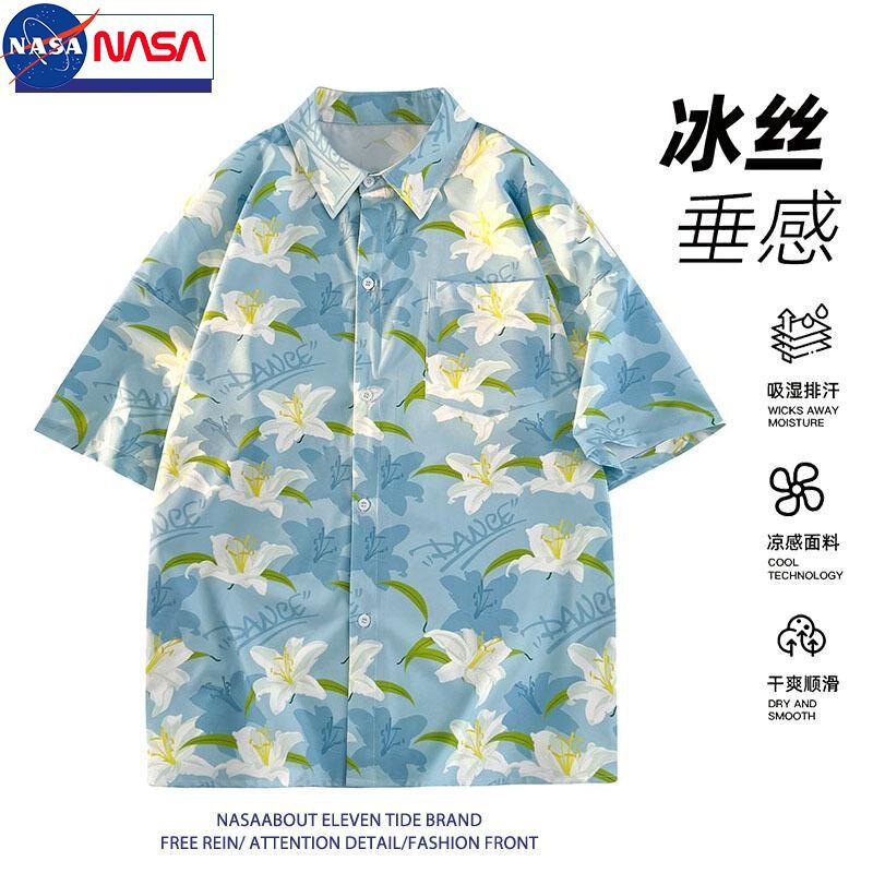 Nasa High-Quality Japanese Style Full-Print Short-Sleeved Floral Shirt Men's Outdoor Beach Couple Oversize Casual Shirt