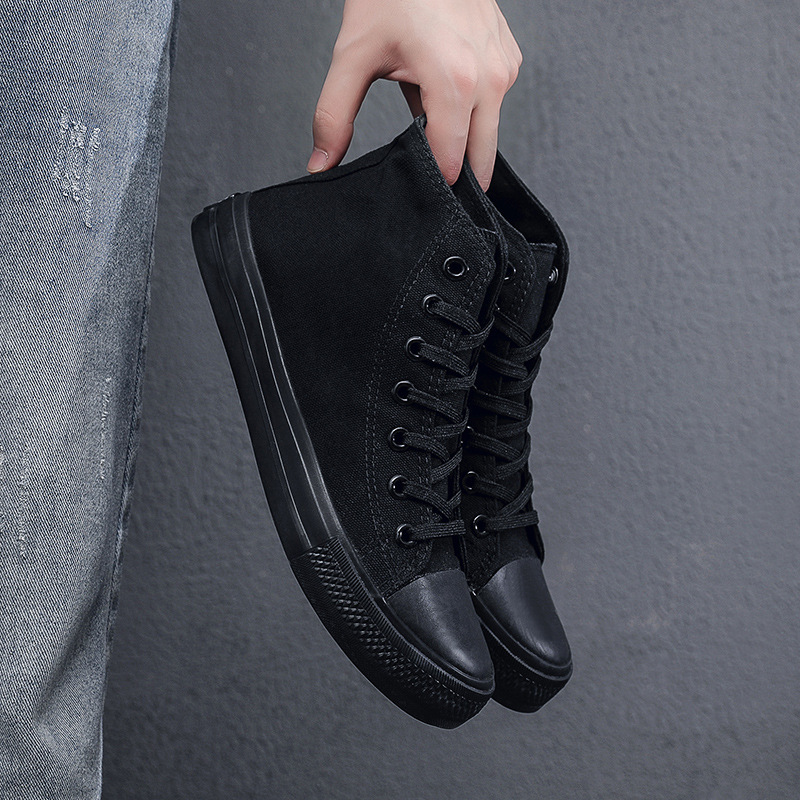 High-Top Canvas Shoes for Men, All Black Sneakers, Breathable Student Casual Shoes, Korean Style, Comfortable and Versatile High-Top Canvas Shoes for Men, All Black Sneakers, Breathable Student Casual Shoes, Korean Style, Comfortable and Versatile