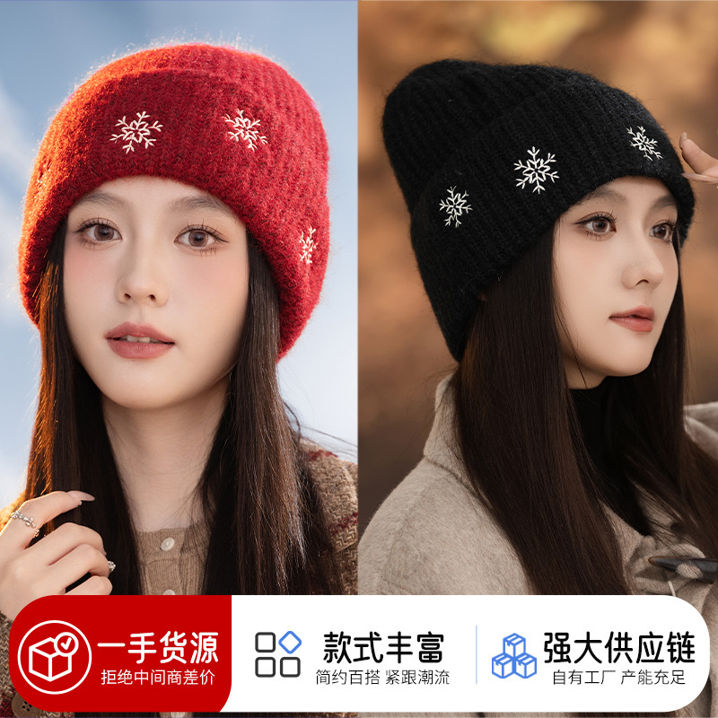 冬季帽子新款时尚圣诞雪花红色针织帽百搭防风大头围保暖毛线帽潮|undefined
