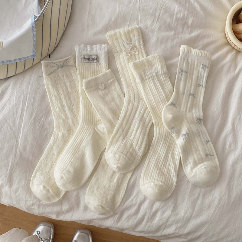 Korean-Style Bow Socks for Women, Thin Hollow-Out Design for Spring and Summer, Mid-Calf Socks with Pearl Accessories, College Style Slouch Socks