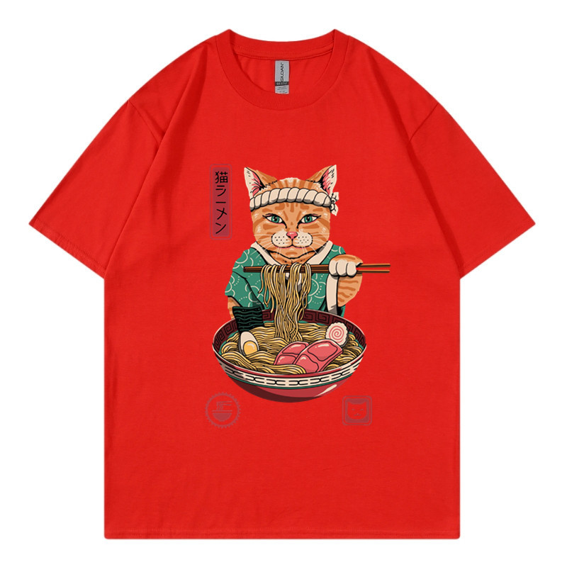 New Zhuoli station Kung Fu cat eating noodles printed t-shirt men's and women's Casual Short Sleeve round neck top_voghion.com