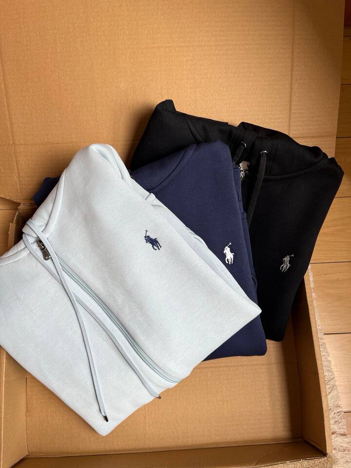 Áo khoác hoodie kéo khóa thêu hình ngựa nhỏ, form rộng, dài tay — Màu xanh tím than, Xanh da trời, Xanh lá cây, màu xám
