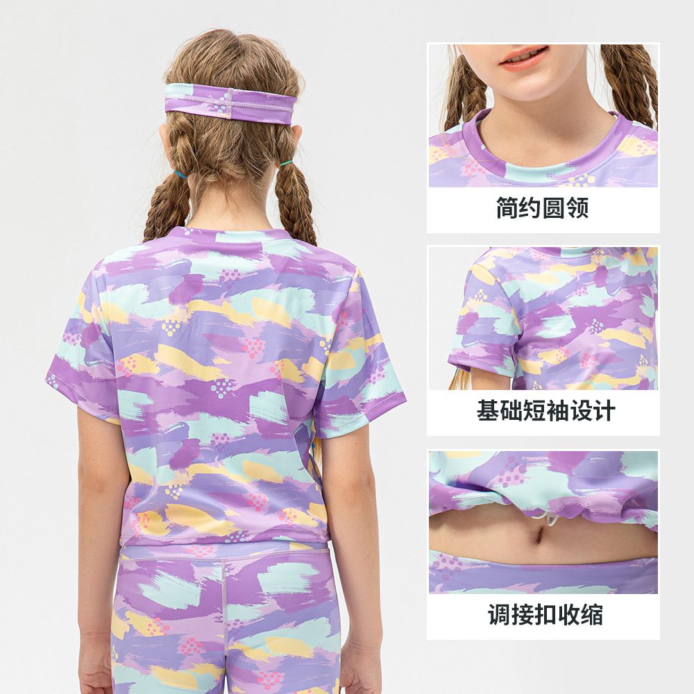 童装夏印花短袖运动速干瑜伽服亲肤女童跑步健身舞蹈训练服23206