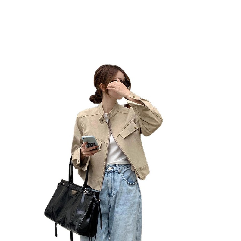 乌77美拉德咖色麂皮绒圆领外套女甜酷风机车服短款小个子夹克上衣|undefined