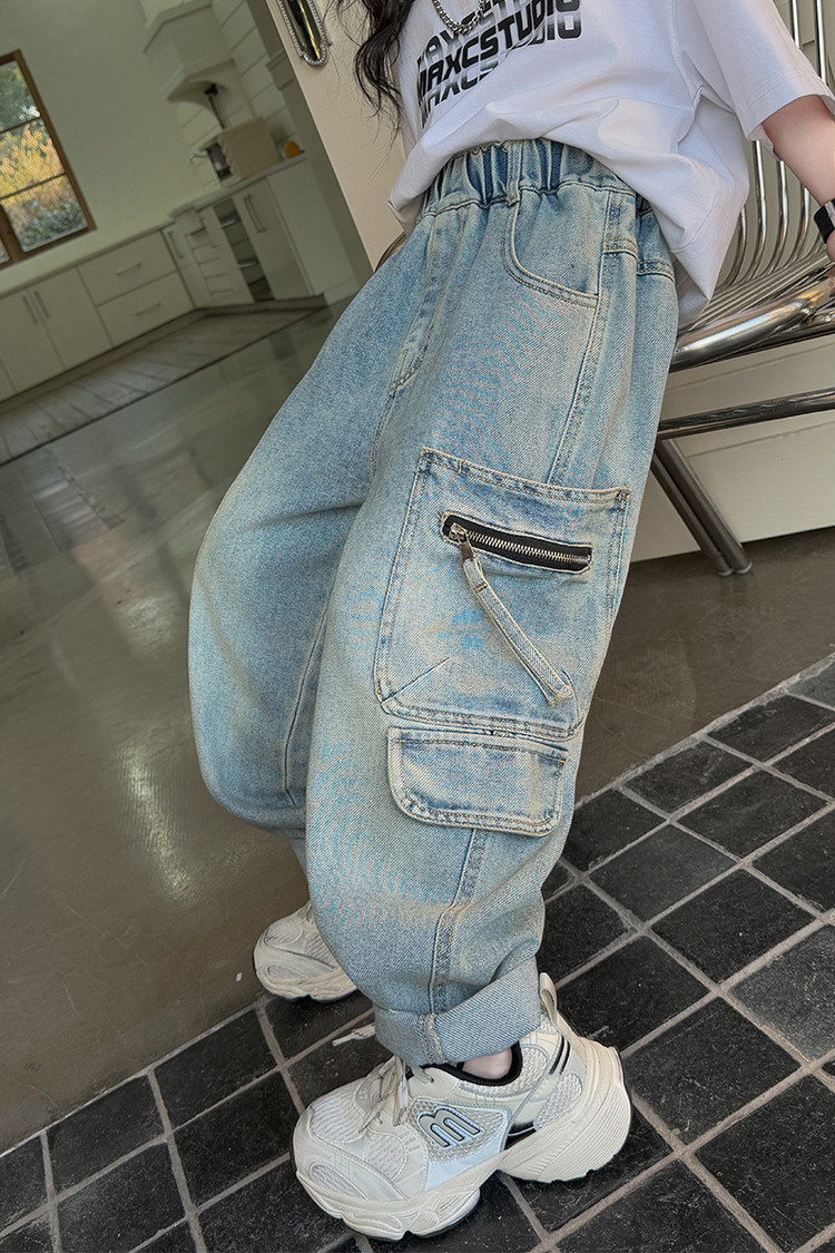 Dívčí široké džíny s kapsami a zipem modré ležérní styl_voghion.com