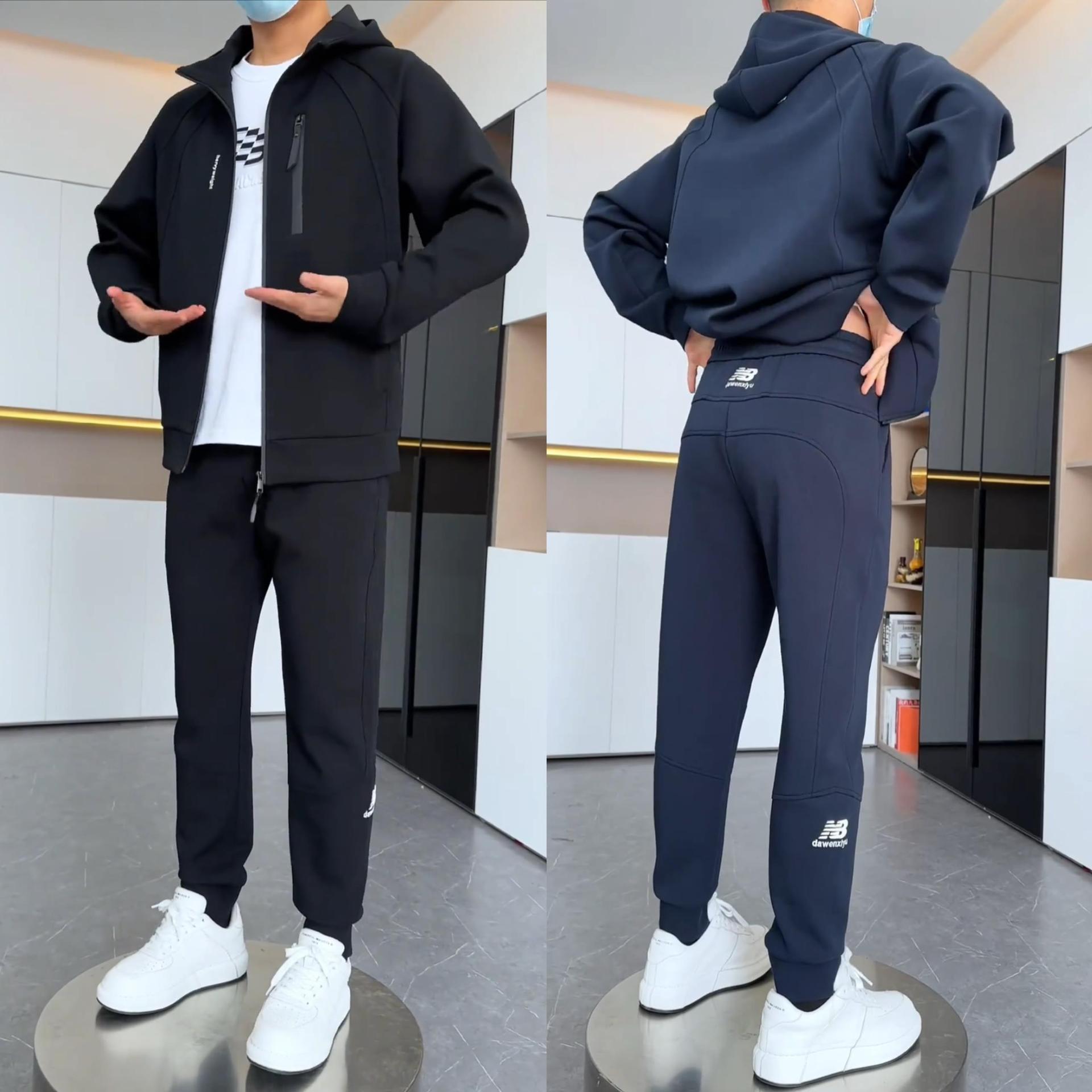 봄과 가을 새로운 후드 자켓 캐주얼 스포츠 세트 남성 패션 올매치 트렌디 지퍼 스위트 셔츠 투피스 세트