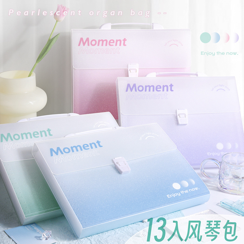 Handheld expanding file folder Moment‑style, 13 pockets, gradient portable organizer