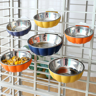 New in stock wholesale pet dog Pumpkin stainless steel dog cage hanging Pet Bowl anti-knock two-in-one Pet Bowl