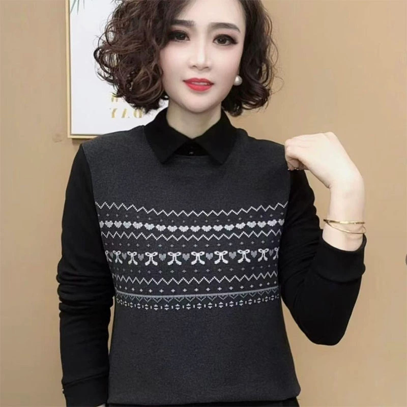 Зимняя поддельная рубашка с двумя нижними днями повседневная дикая лацканная мода E дикая темпераментная свободная женская рубашка с длинными рукавами