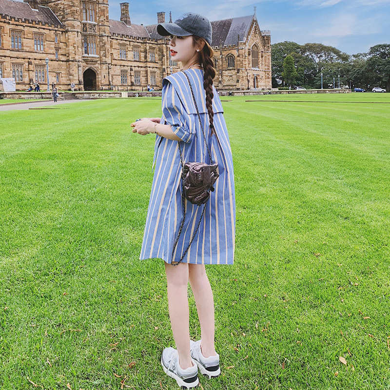 Real Shot of Blue Navy Collar Stripesd Shirt Dress for Small Women Summer New Loose and Stylish Design Dress Real Shot of Blue Navy Collar Stripesd Shirt Dress for Small Women Summer New Loose and Stylish Design Dress
