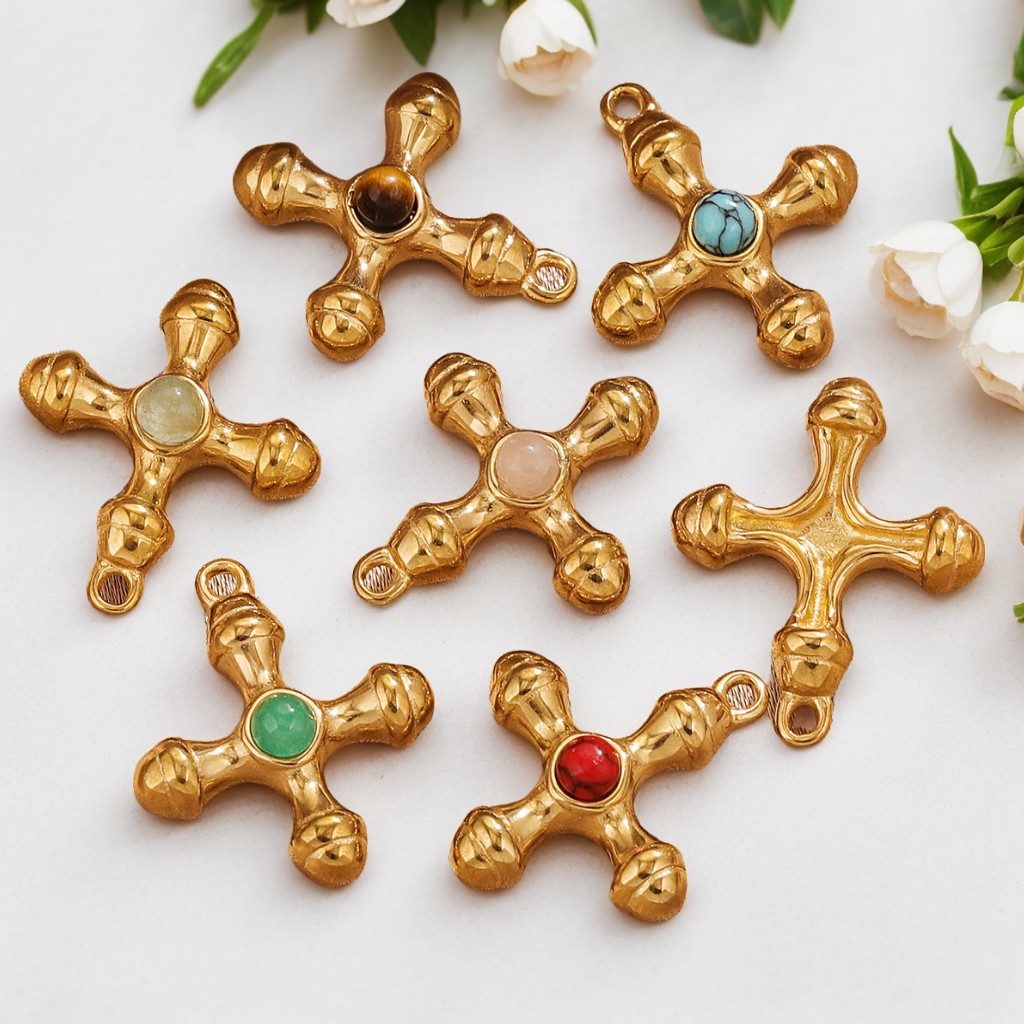 Ins europeo y americano retro lujo ligero natural ojo de tigre cruz colgante DIY titanio acero 18k oro cadena de clavícula