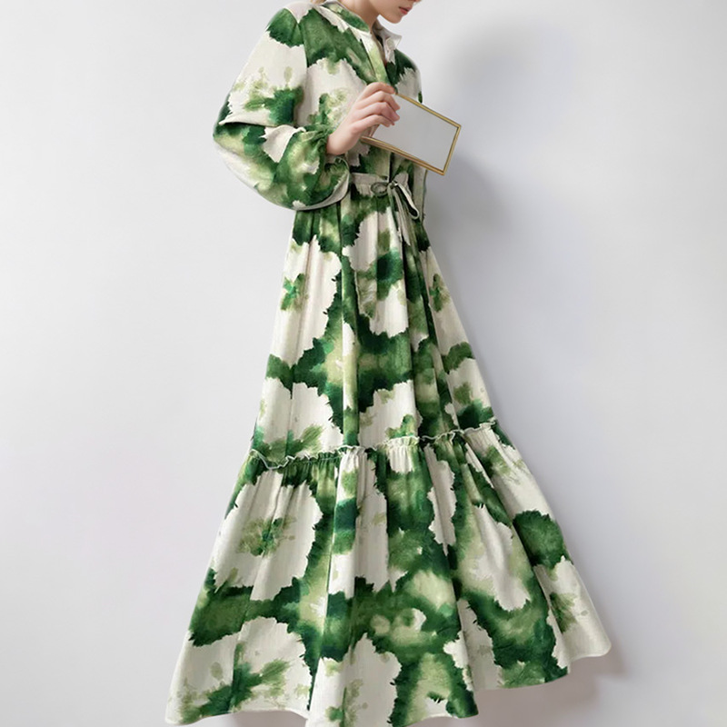 Women Clothing Vintage Printed Lantern Sleeve Waist Controlled Large Hem Dress