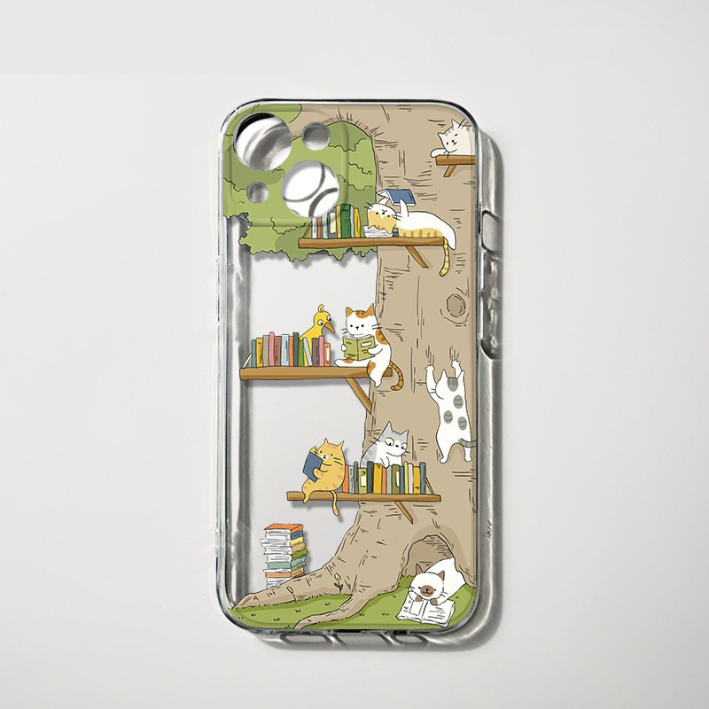 Suitable for Apple 16/17 Phone Cases, New iPhone 12/13 Pro Transparent Case with a Cat Reading on a Tree Design for X/Xs