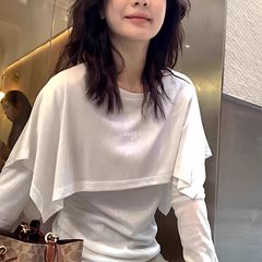 设计感假两件小披肩白色长袖t恤女2025早秋新款宽松莫代尔棉上衣