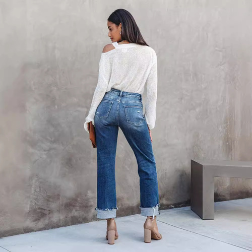 Direct sales 25 European and American new urban casual washed women's straight jeans pants 3203