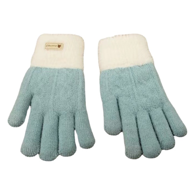 Guantes de lana de punto de estilo coreano de las mujeres de invierno forrados de lana engrosada ciclismo cálida pantalla táctil de doble capa de color a juego guantes al por mayor