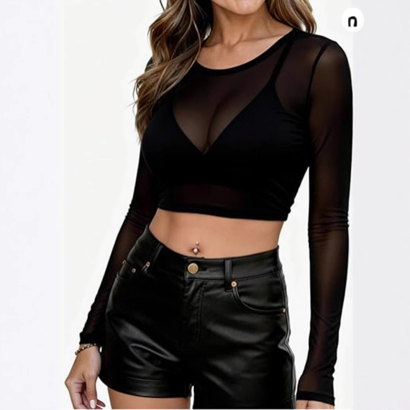 Mesh Black Crop Top with High Collar, Women's Long-Sleeve Workout Top, Slim-Fit Transparent Short Shirt, Outerwear