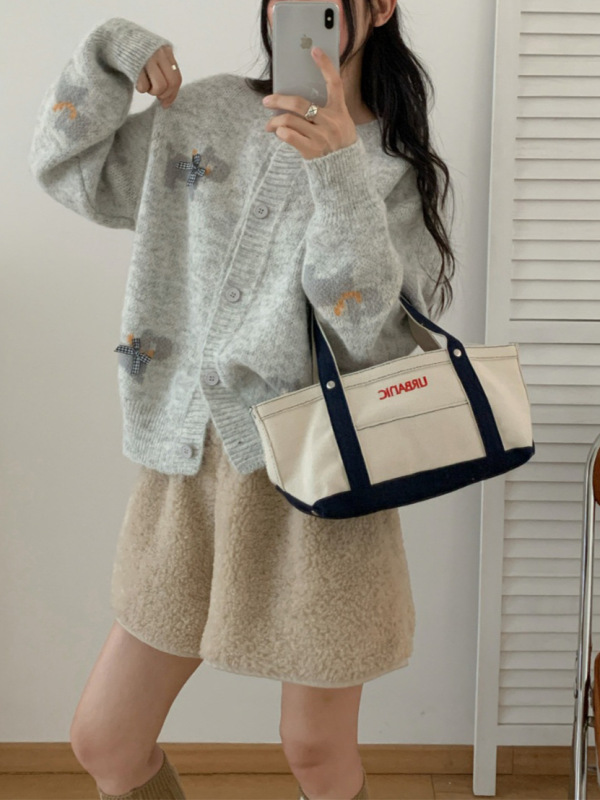 卡通蝴蝶结小狗毛衣开衫女秋冬韩系温柔风软糯圆领宽松百搭针织衫|undefined
