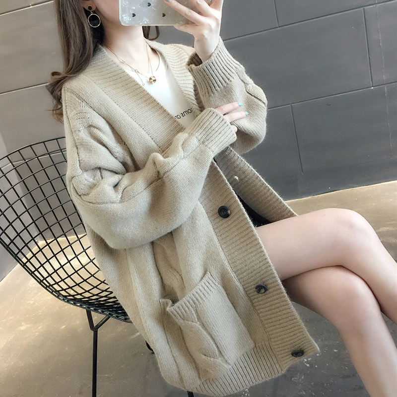 纯色简约气质百搭毛衣女外套秋冬季女装韩版宽松显瘦加厚针织开衫|undefined