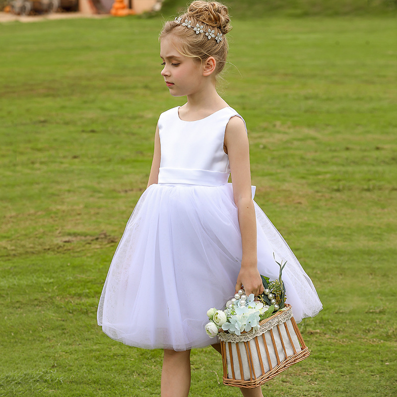 Nuevo europeo y americano transfronterizo vestido de novia de los niños sin mangas de satén arco de cumpleaños de las mujeres rendimiento mullido vestido midi