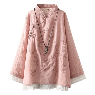 Vintage Embroidered Buckle Cotton Shirt Women's 2025 Spring New Chinese Zen Tea Suit Loose Stitching Round Neck Top
