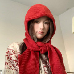 红色巴拉克拉法帽女秋冬季保暖护耳围脖披肩毛线针织帽子围巾一体