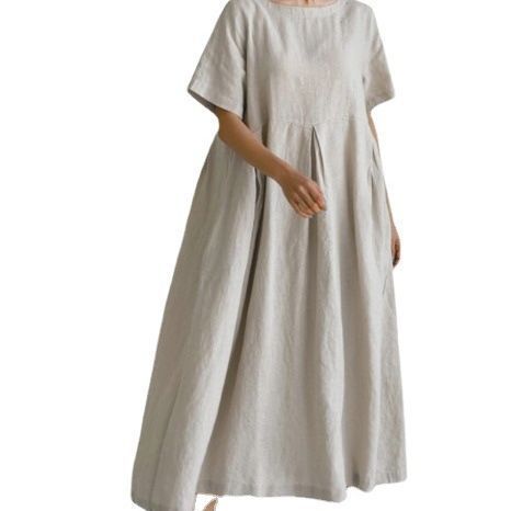 BF Pullover Crewneck Over-the-Knee Long Dress Temperament Academic Style Mori Women's Base Shirt Large Size Loose Cotton and Linen Dress for Women