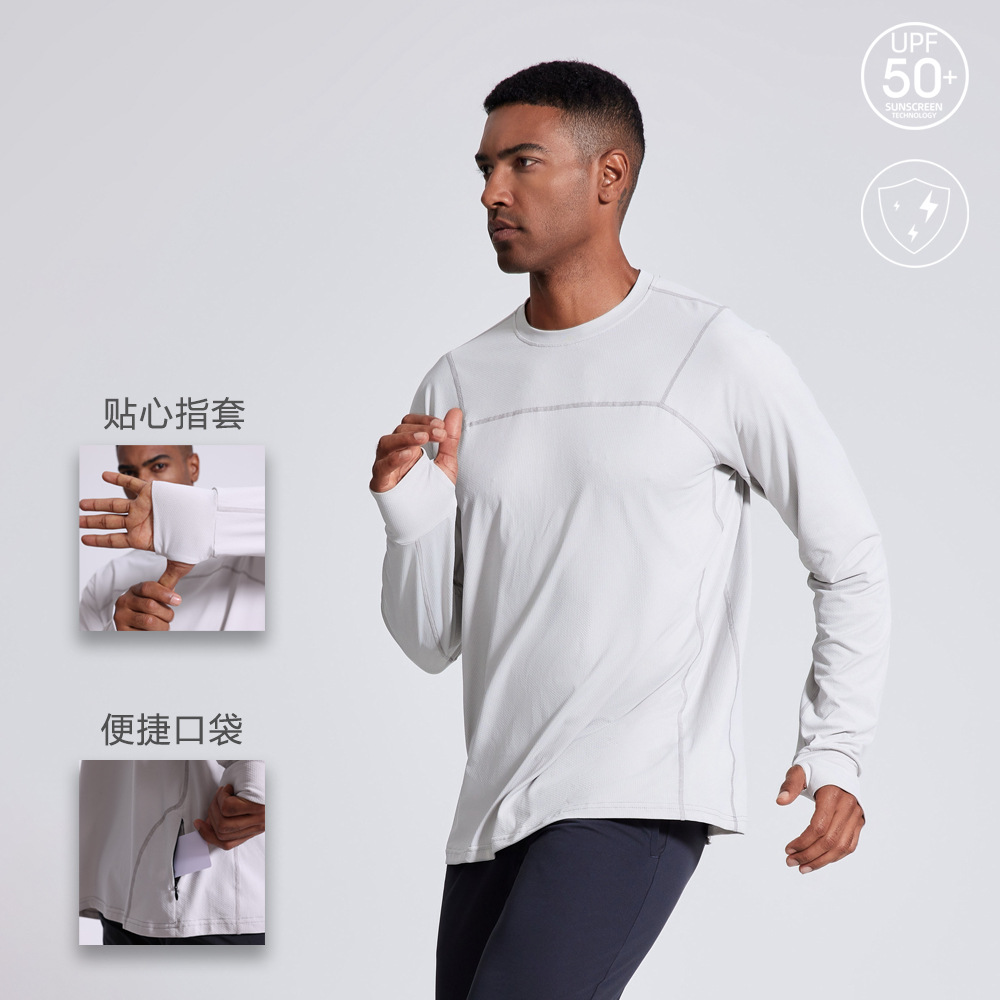 Otoño Amazon transpirable cuello redondo mangas largas acondicionamiento acondicionamiento ropa de secado rápido chaqueta solare camiseta deportiva para hombres