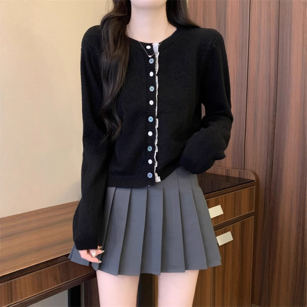 Cárdigan de punto con diseño de costura de encaje coreano 2025 primavera y otoño nuevo estilo suave y ceroso pequeño suéter abrigo mujer image 3