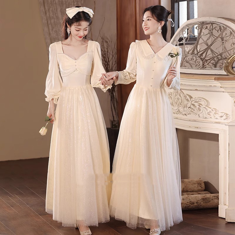 Champagne-Colored Bridesmaid Dress 2026 New Velvet Sister Group Dress for Women, Long-Sleeve Slimming Performance Dress for Summer and Autumn