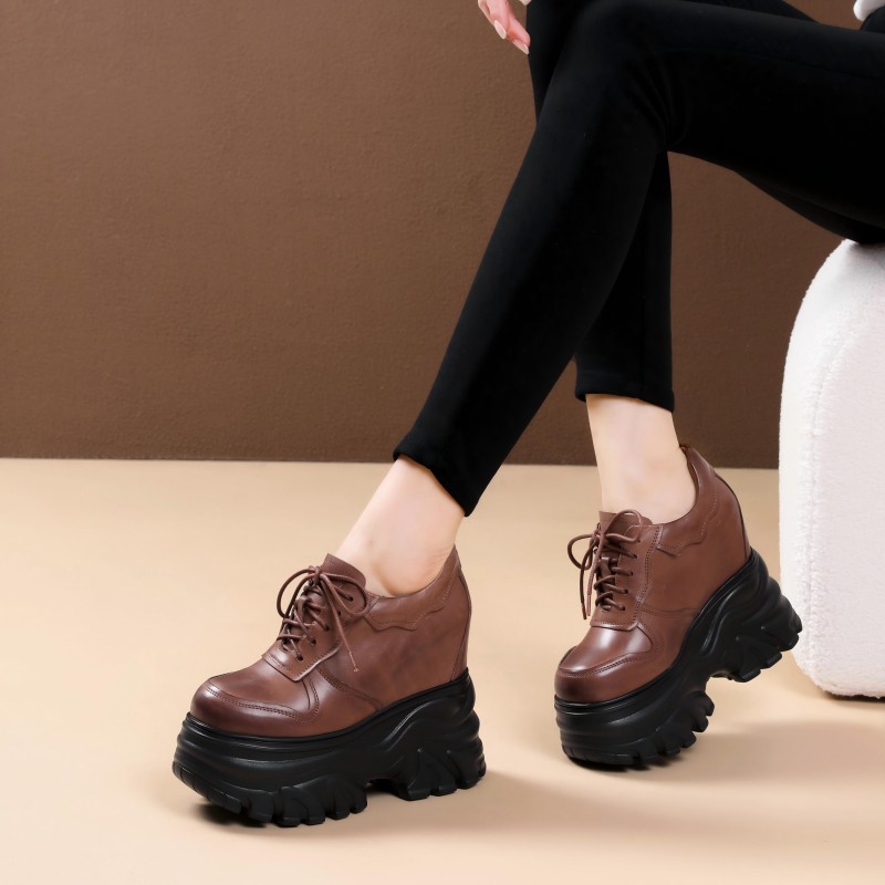 Giày thể thao nữ đế xuồng platform cao 14 cm, da thật, phong cách mới — màu nâu
