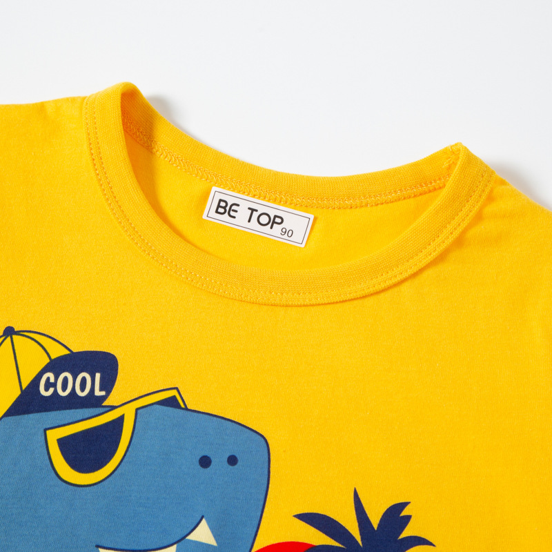 Camiseta de manga corta para niños directa de fábrica nueva entrega de una pieza superior de estilo occidental de media manga de algodón para niño de dinosaurio de dibujos animados