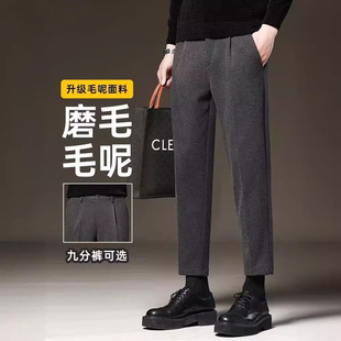 2024 Spring Autumn Winter Woolen Pants Men's Slim Trousers Korean Style Casual Solid Color Straight-Leg Nine-Point Small Suit Pants