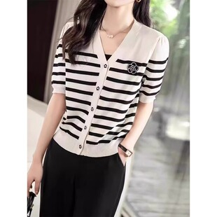 2025 New Summer Style Simple Striped Collar Ice Silk Short-Sleeved Knitted Cardigan Women's Slim Casual Top Summer