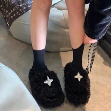 MONA同款一字拖鞋时尚露趾百搭羊羔毛十字花平底单鞋拖鞋女外毛绒