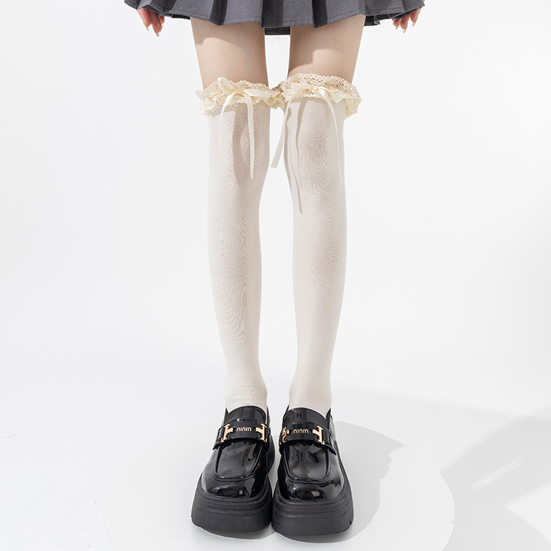Botas de algodón sobre la rodilla calcetines de mujer Lolita encaje arco puro de la juventud floppy leche blanco ballet calcetines muslos
