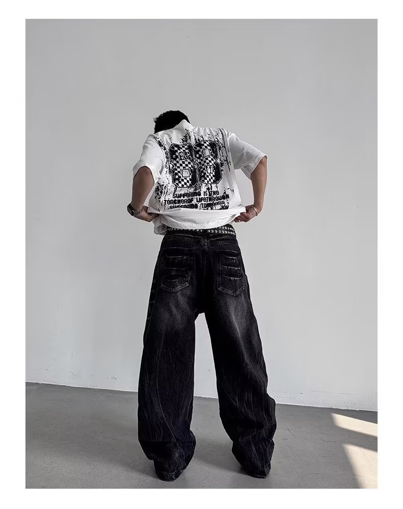 American Style Rivet Lightning Denim Jeans For Men And Women, Wide-Legged Distressed Wash Vintage Drop-Crotch Trousers, Trendy Streetwear Design_mkmklike.com