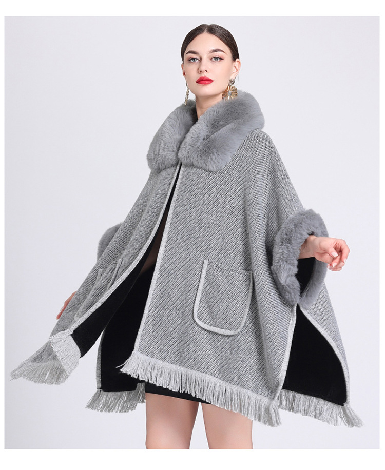 Mantella in pile extra spesso con collo in pelliccia, ampia e larga taglia, cardigan lavorato a maglia per donna_voghion.com