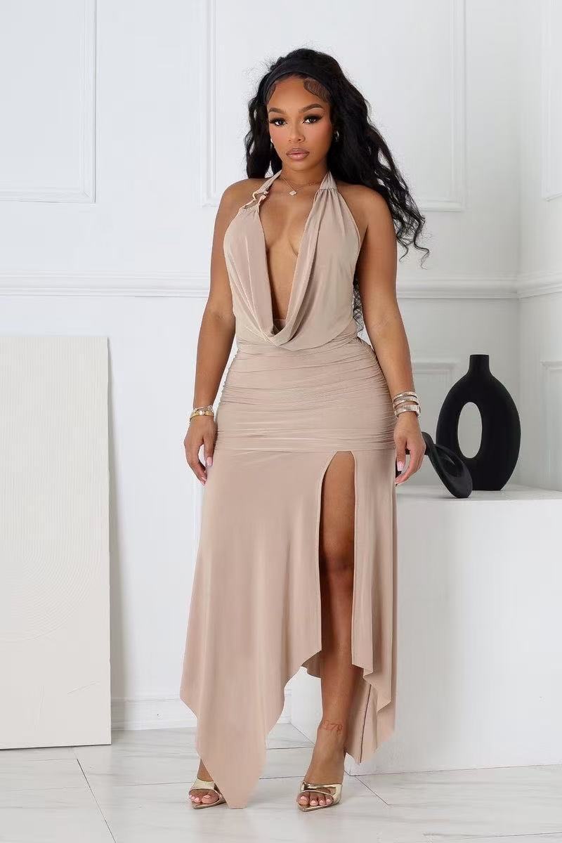 Women's Clothing Sexy Hot Girl Women's Halter Neck V Neck Backless Slit Long Dress Style Fashion Temperament Slim Fit_ecoleips.com