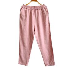 38粉色亚麻裤子纯色长裤小脚裤松紧腰九分裤